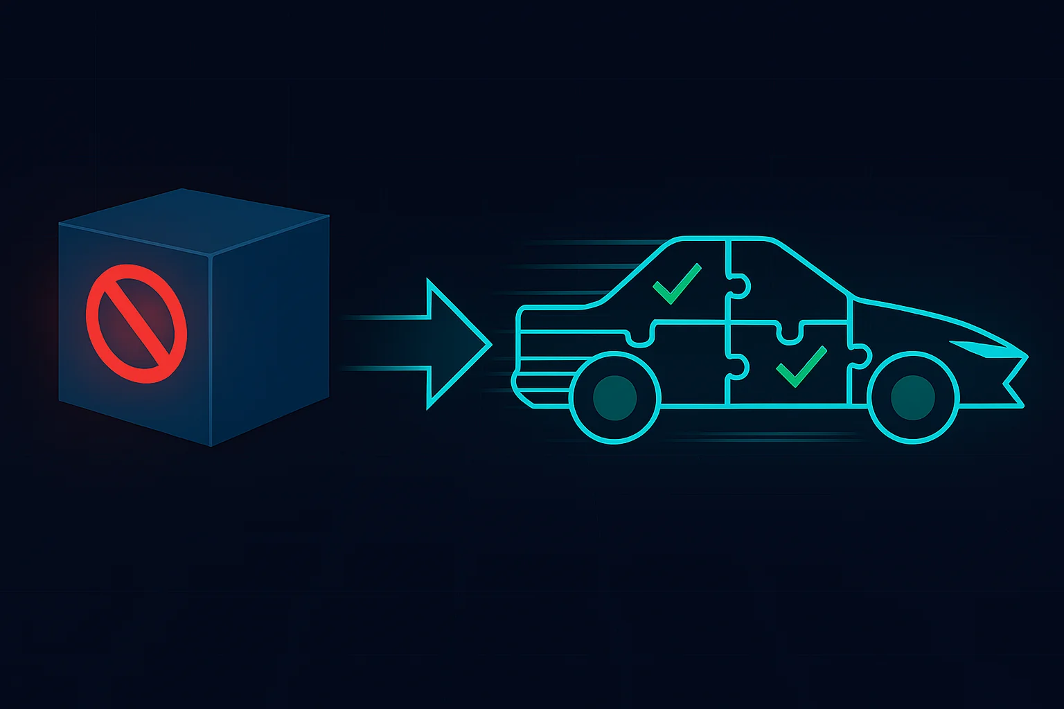 Side-by-side comparison of two certification approaches: On the left, a massive monolithic block with a red prohibition sign symbolizing full-system recertification. On the right, a set of modular interlocking puzzle pieces with green checkmarks representing selective component certification. A diagonal arrow shows the transformation from left to right.