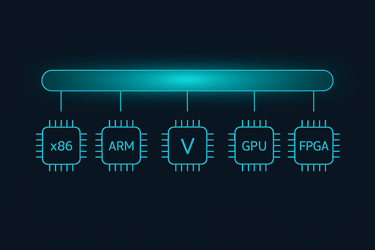 Schematic illustration on a dark navy background: Five processor chip icons in a horizontal row represent different architectures (x86, ARM, RISC-V, GPU, FPGA). Above them, a single translucent abstraction layer connects all five chips with glowing horizontal lines, visualizing the One Binary principle.