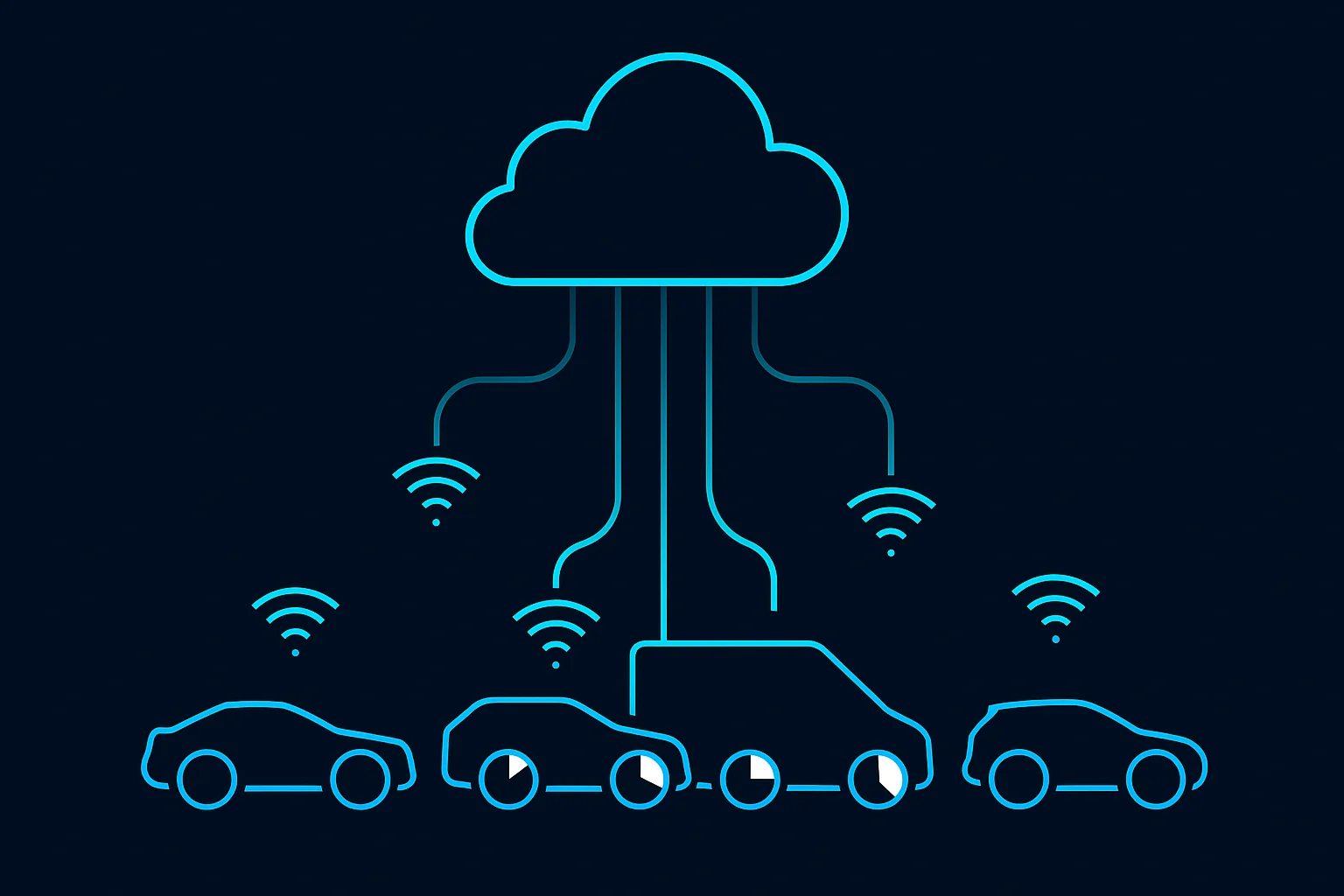 Minimalist illustration on a dark navy background: A stylized cloud at the top sends narrow beams of light downward to five abstract vehicle silhouettes. Each vehicle shows a circular progress indicator at a different fill level, illustrating a staggered OTA rollout across a fleet.