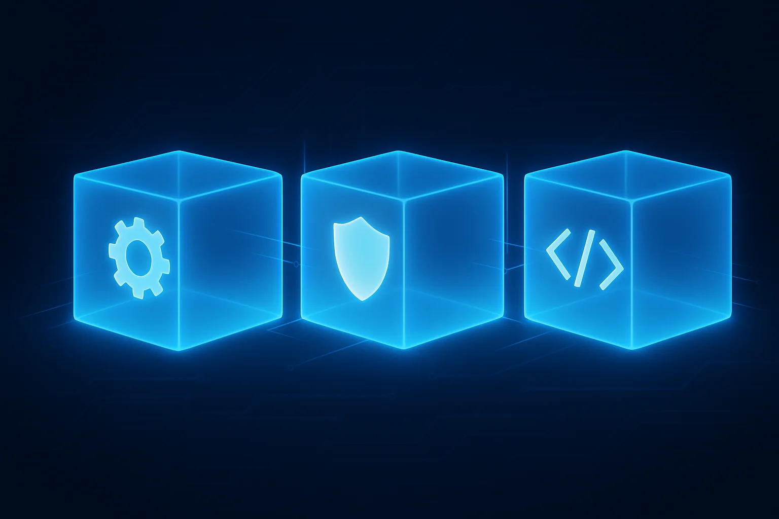 Technical illustration on a dark navy background: Three glowing translucent cubes stand side by side, symbolizing isolated software sandboxes. Each cube contains a different symbol – gear, shield, code brackets. Thin connecting lines between the cubes show controlled, strictly limited communication channels.