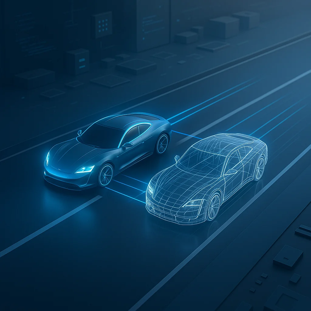 Technical illustration of two vehicles in motion on parallel lanes: The left vehicle is rendered as a solid, complete model representing the vehicle software in production. The right vehicle appears as a transparent wireframe model – visualizing the Shadow Mode: a parallel software layer that observes real vehicle behavior without interfering with any vehicle functions.